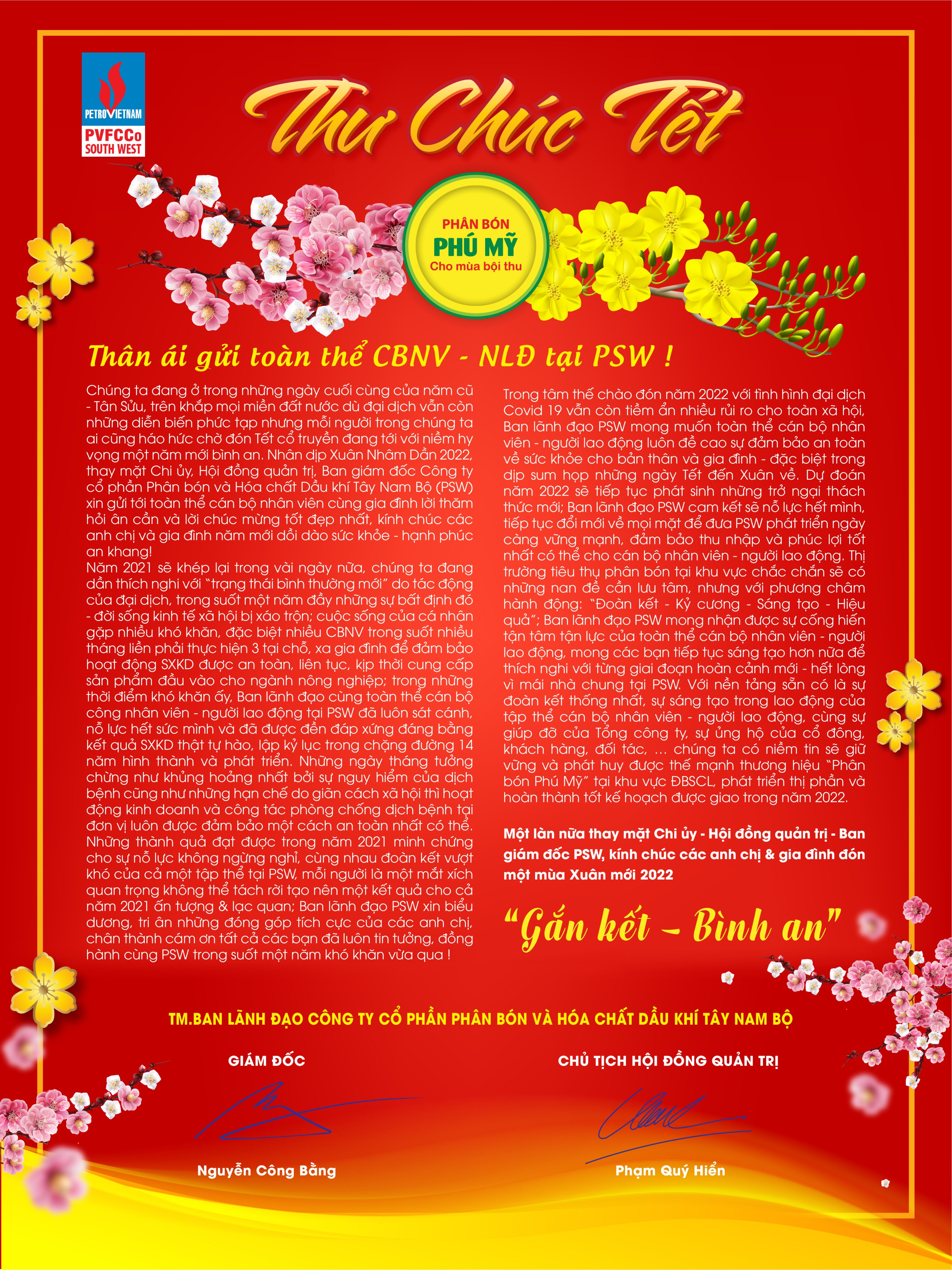 Thư chúc tết CBNV của Ban lãnh đạo Công ty