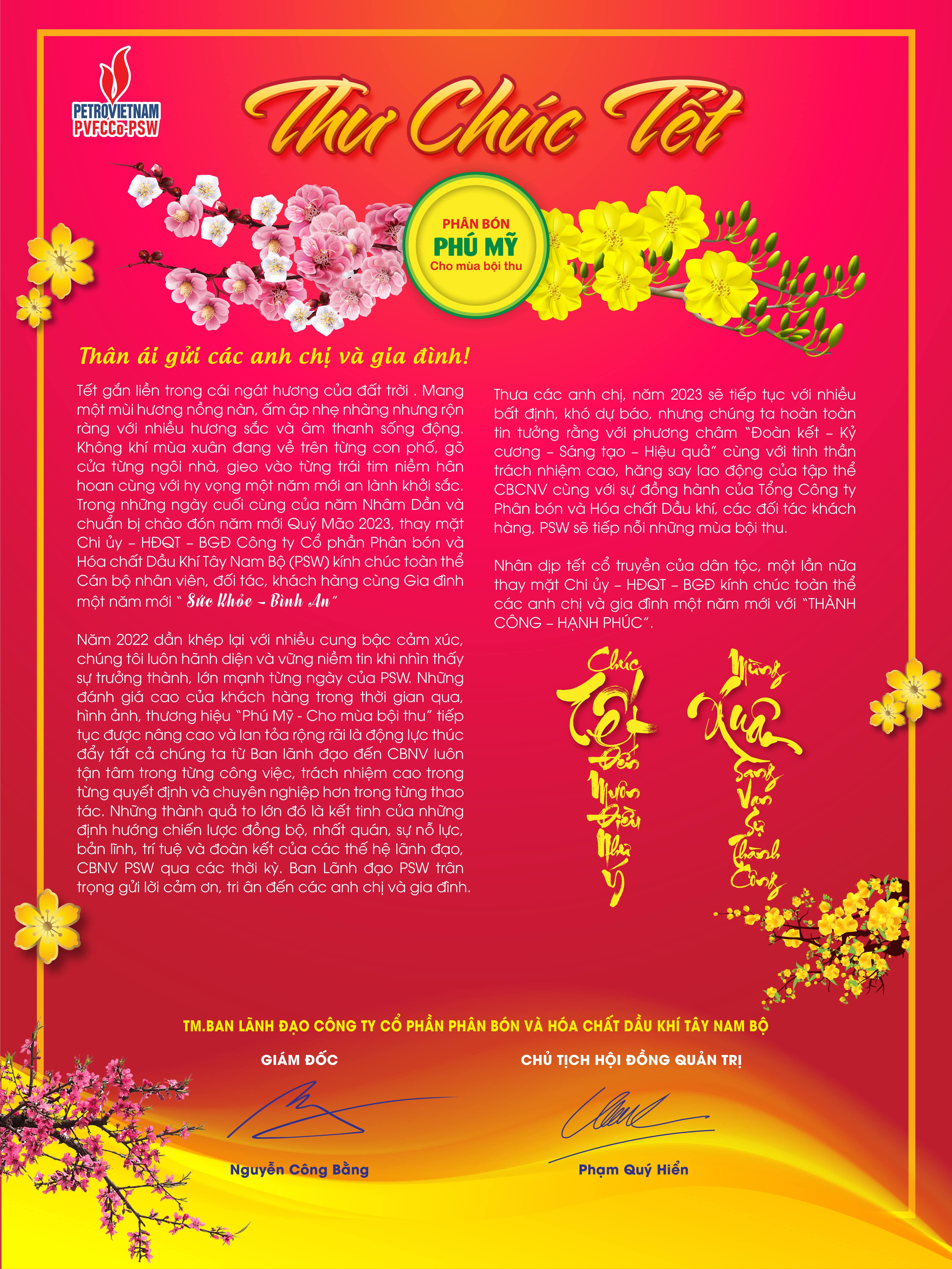 Thư chúc tết CBNV của Ban Lãnh đạo Công ty