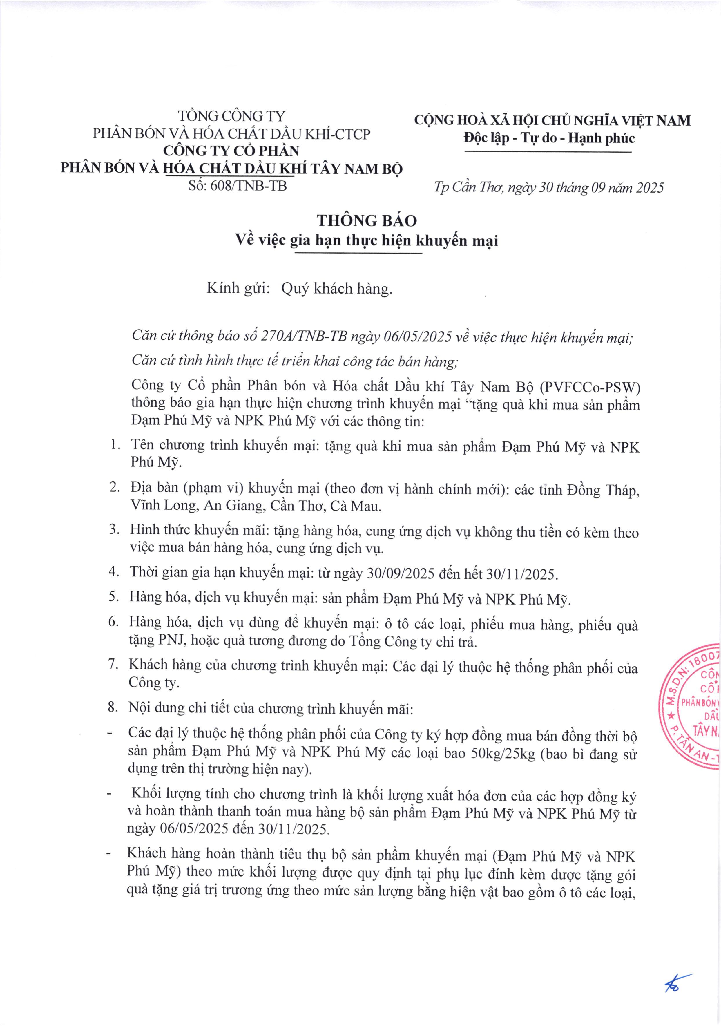 Công ty cổ phần Phân bón và Hóa chất Dầu khí Tây Nam Bộ (PVFCCo-PSW) thông báo Gia hạn thực hiện chương trình khuyến mại