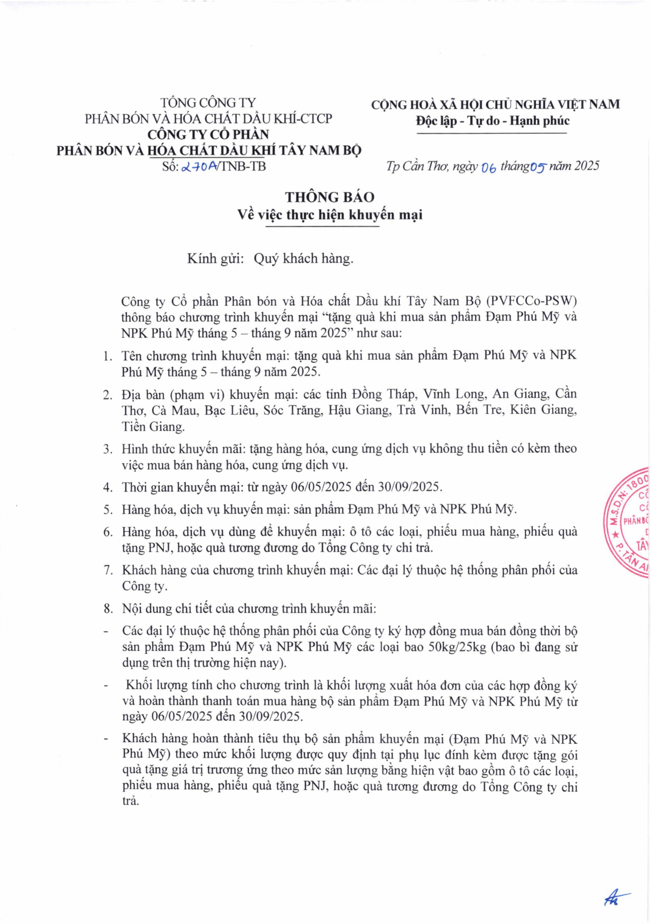 Công ty cổ phần Phân bón và Hóa chất Dầu khí Tây Nam Bộ (PVFCCo-PSW) thông báo thực hiện chương trình khuyến mại