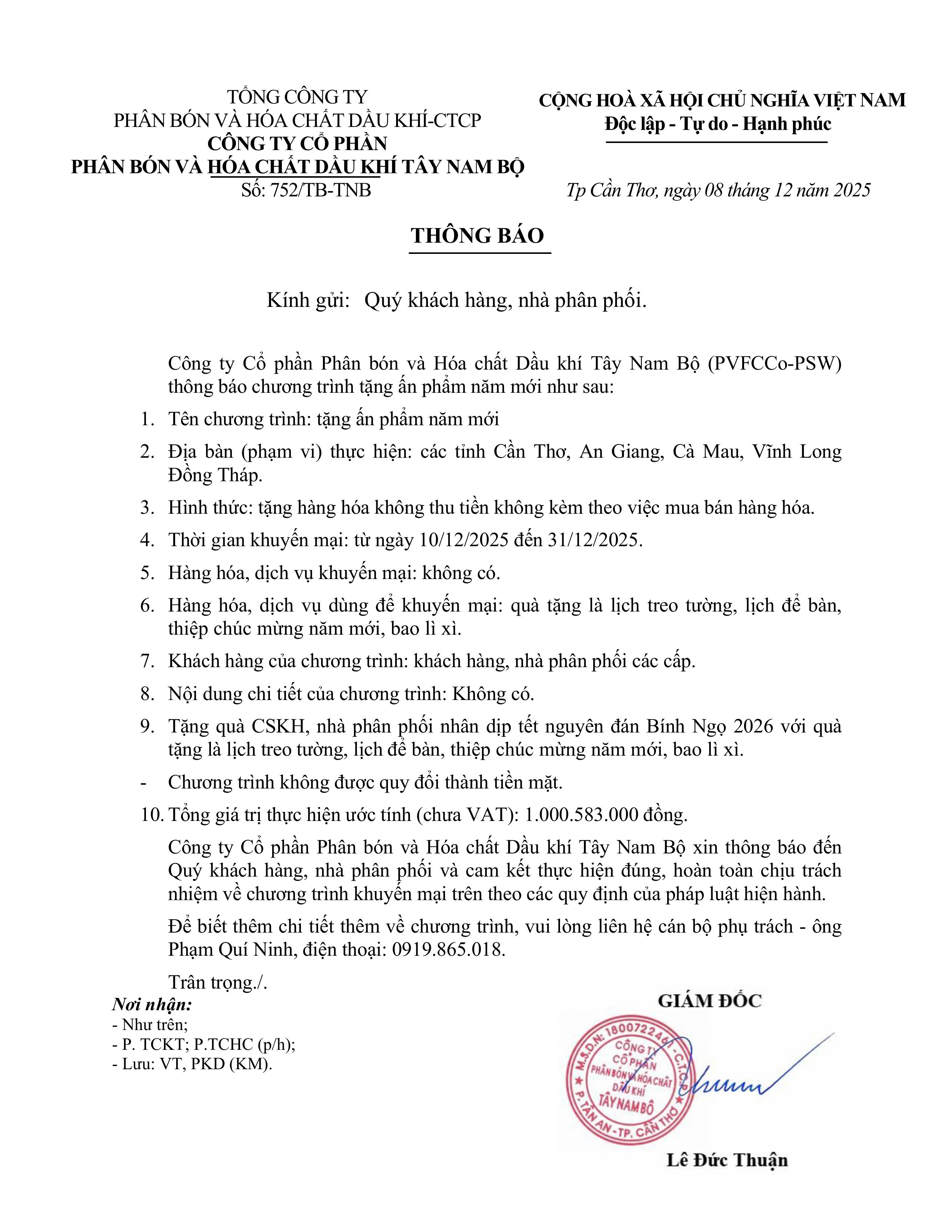 Công ty Phú Mỹ - Tây Nam bộ thông báo Quý khách hàng, nhà phân phối