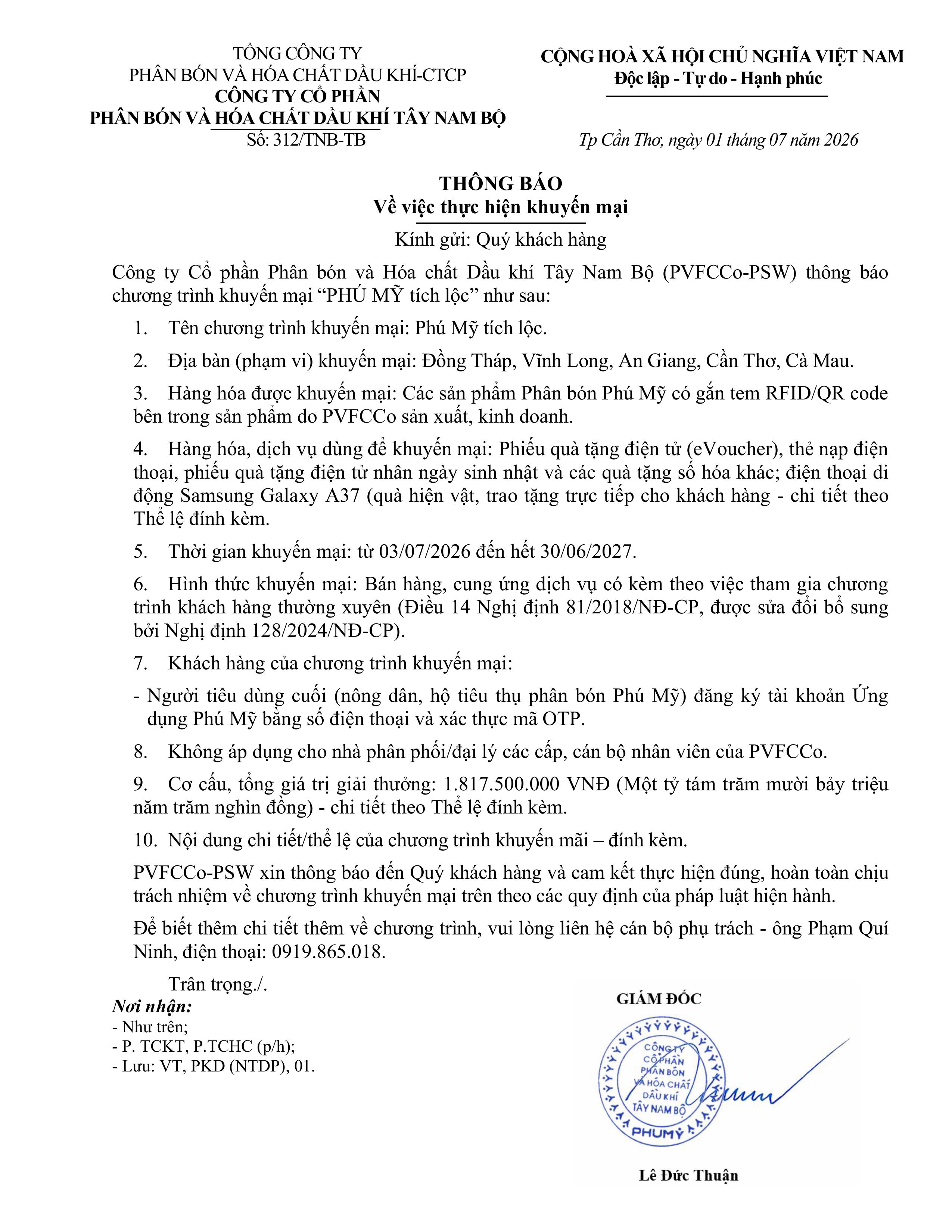 Thông báo thực hiện Khuyến mãi